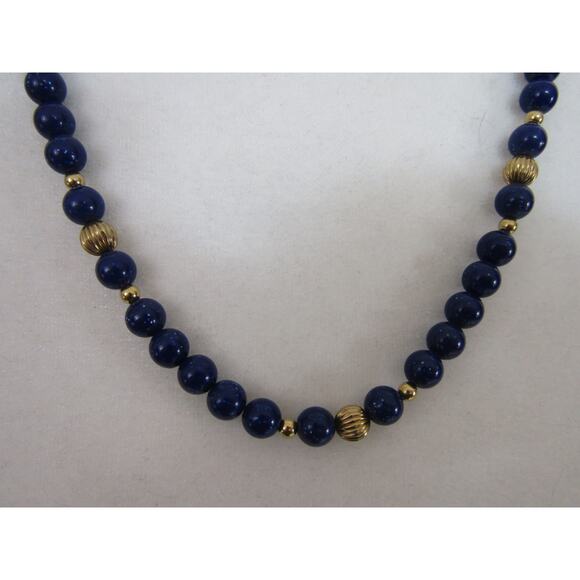 Blue Round Gemstone Beaded Gold Tone Necklace Long 32" Whimsical Minimalist Oval - Picture 2 of 5